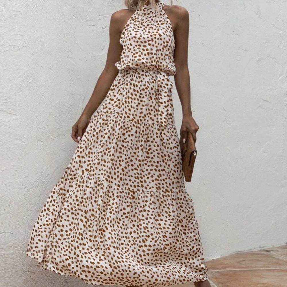 Boho cream brown halter dot belted maxi dress - Picture 7 of 8